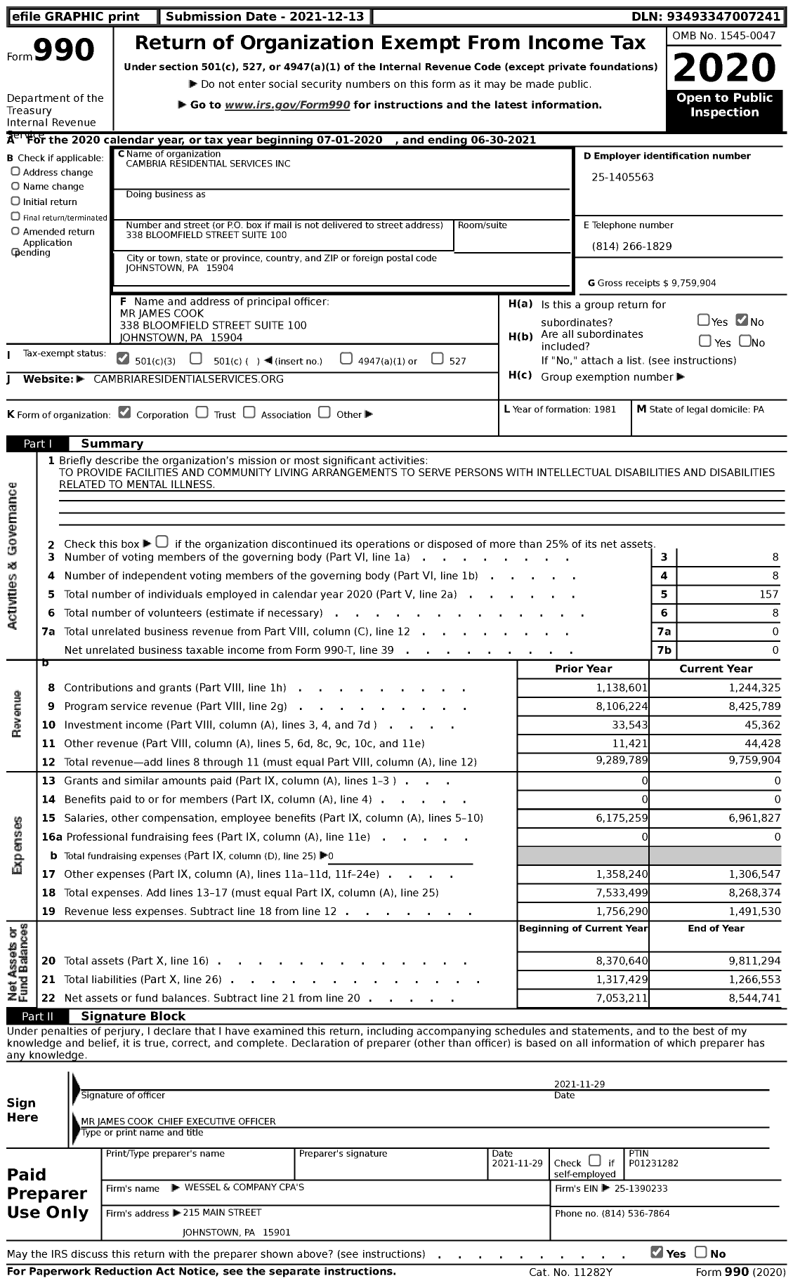 Image of first page of 2020 Form 990 for Cambria Residential Services
