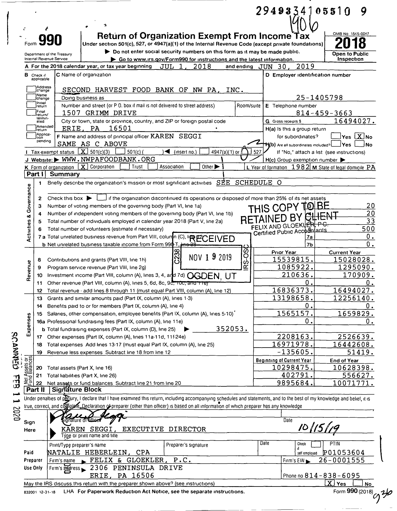 Image of first page of 2018 Form 990 for Second Harvest Food Bank of Northwest Pennsylvania