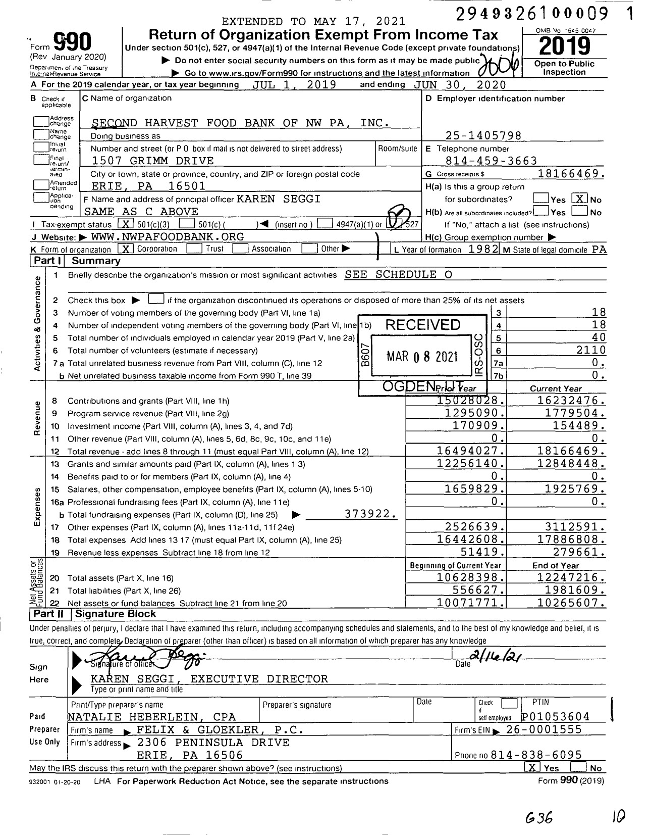 Image of first page of 2019 Form 990 for Second Harvest Food Bank of Northwest Pennsylvania