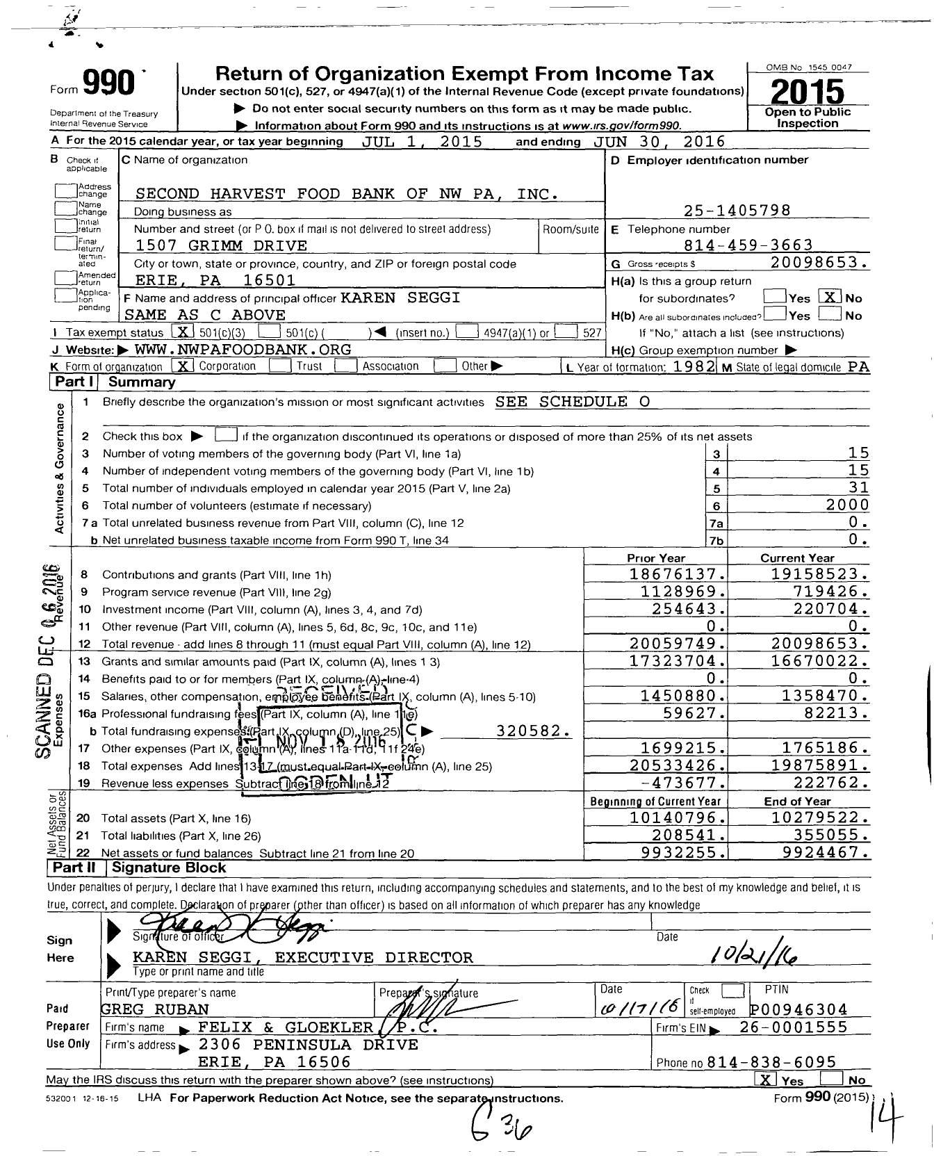 Image of first page of 2015 Form 990 for Second Harvest Food Bank of Northwest Pennsylvania