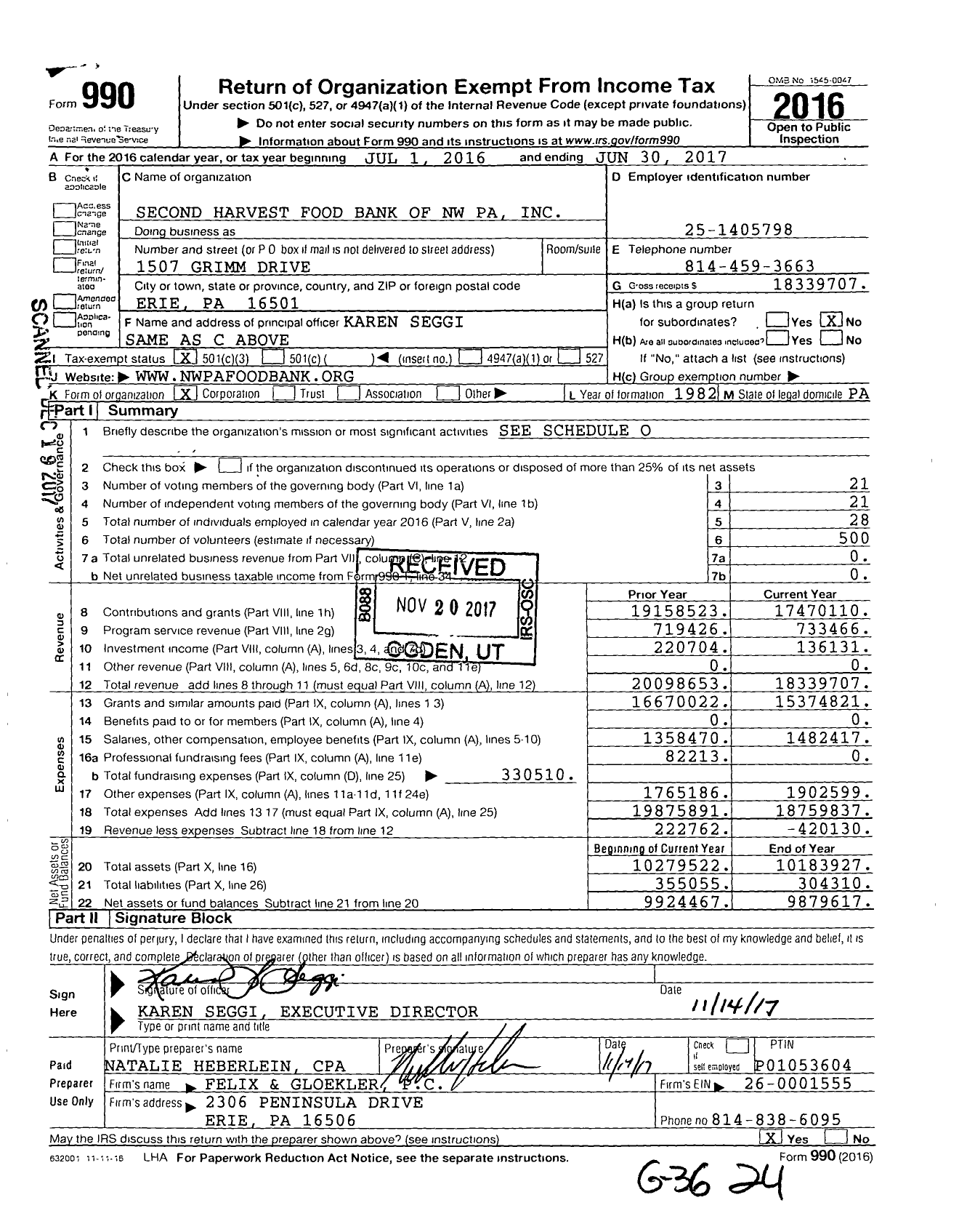 Image of first page of 2016 Form 990 for Second Harvest Food Bank of Northwest Pennsylvania