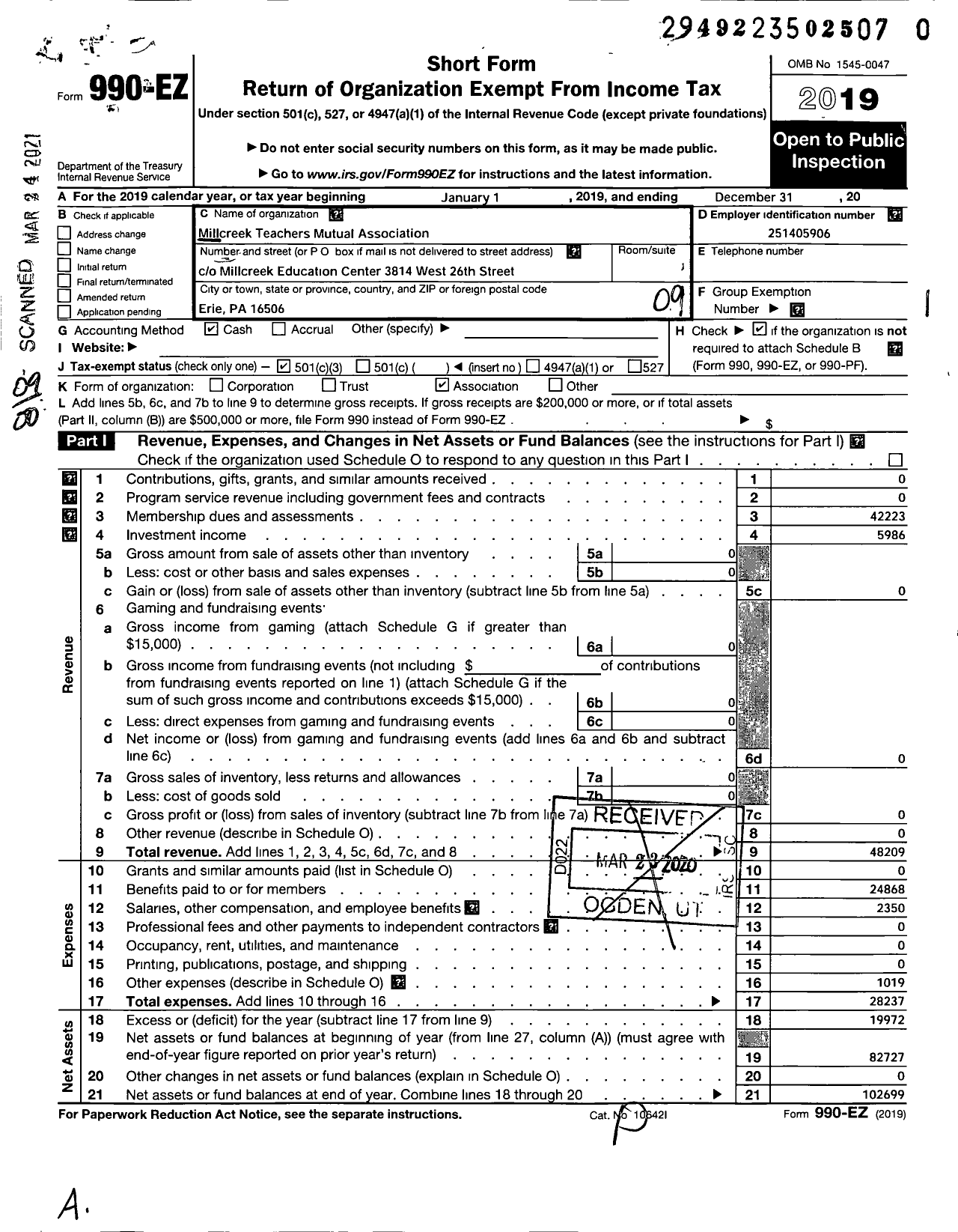 Image of first page of 2019 Form 990EO for Millcreek Teachers Mutual Benefit Association