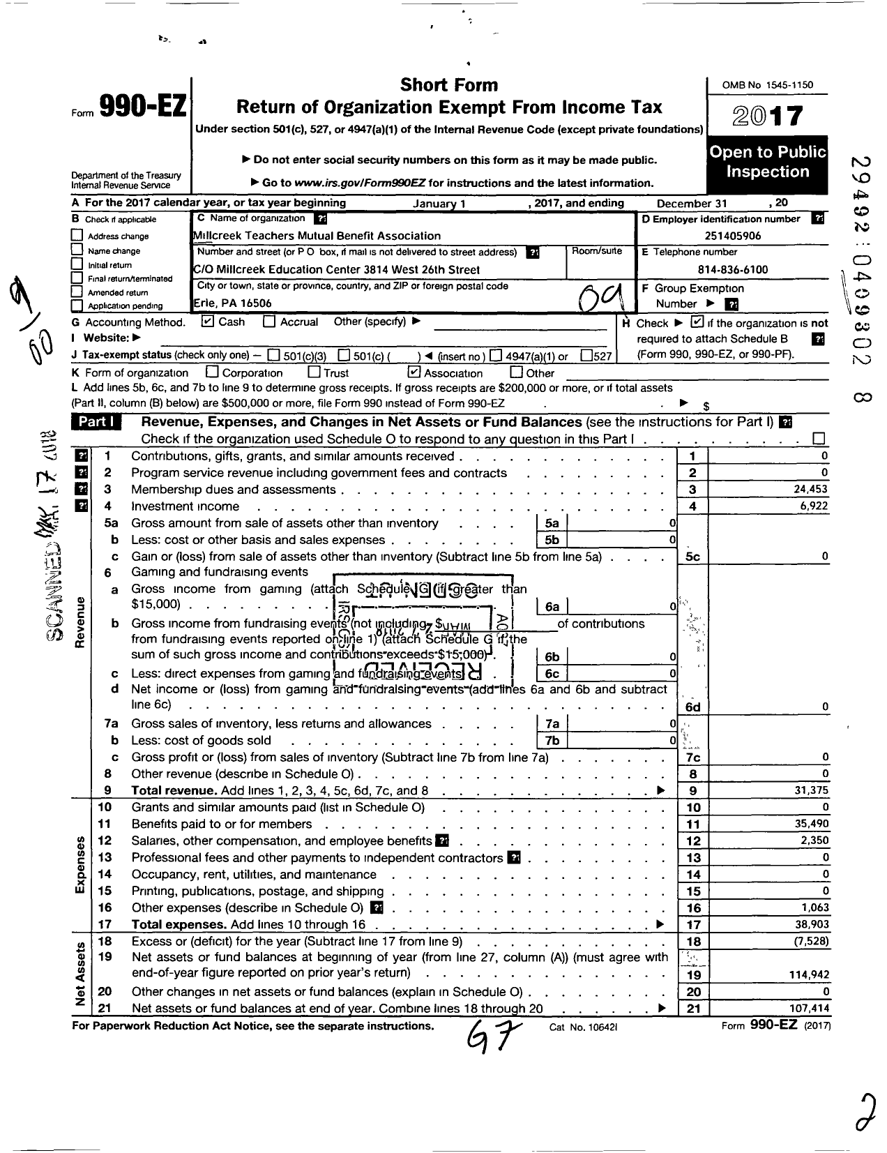 Image of first page of 2017 Form 990EO for Millcreek Teachers Mutual Benefit Association