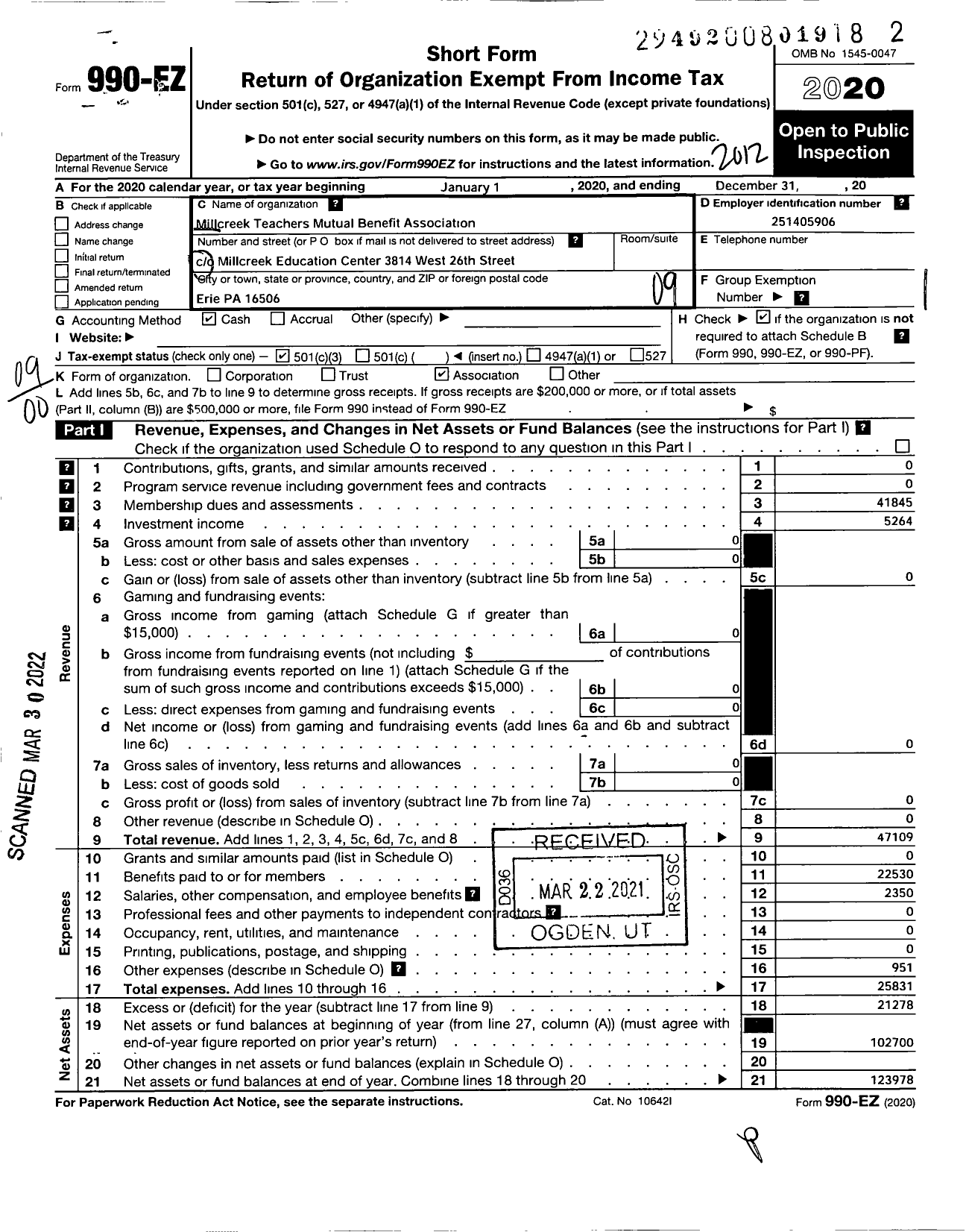 Image of first page of 2020 Form 990EO for Millcreek Teachers Mutual Benefit Association