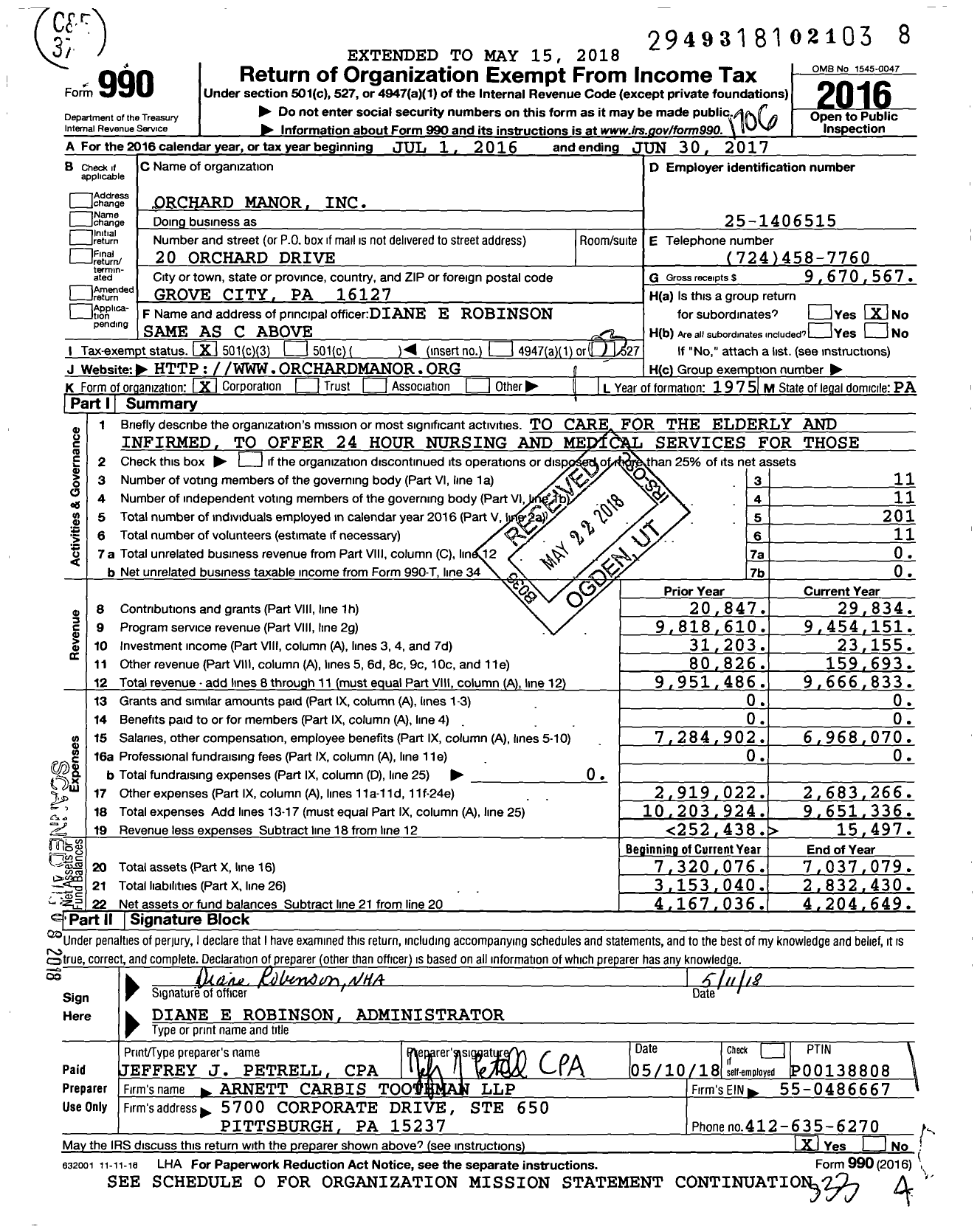 Image of first page of 2016 Form 990 for Orchard Manor