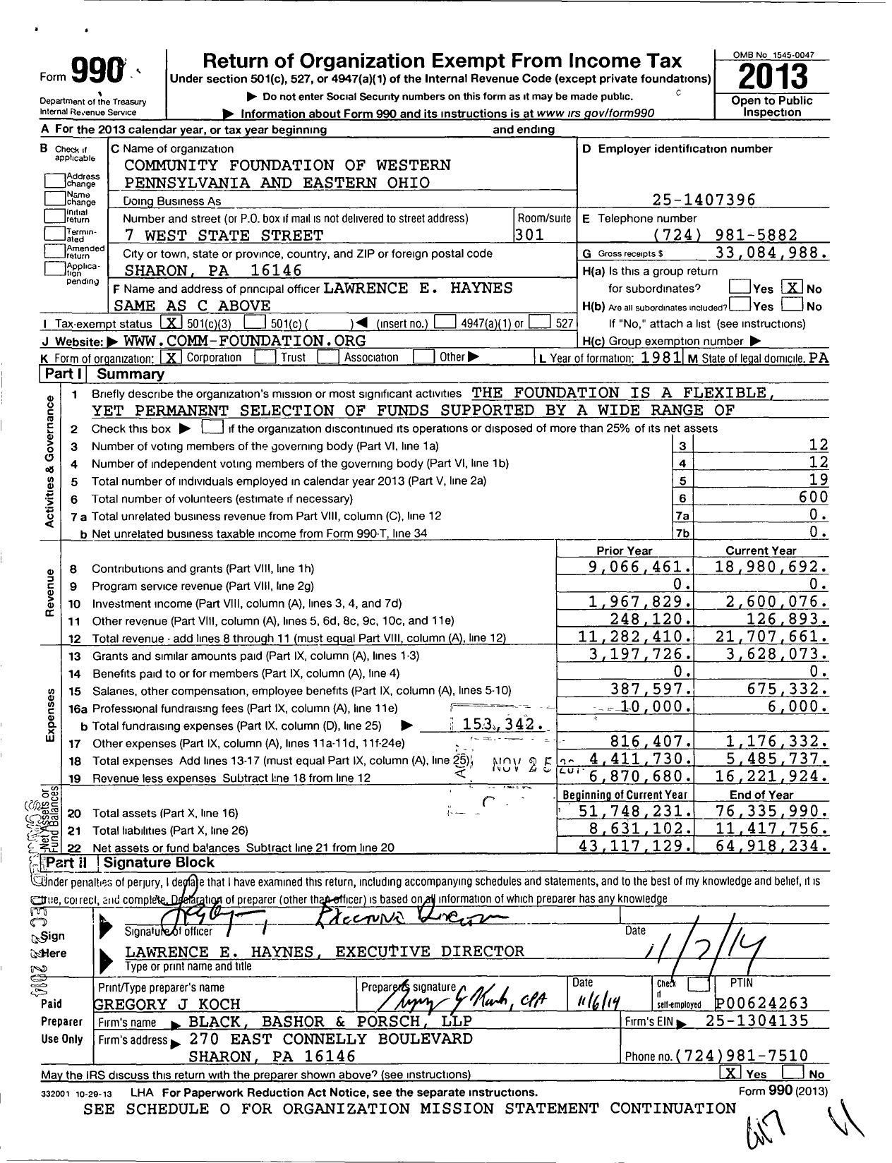 Image of first page of 2013 Form 990 for Community Foundation of Western Pennsylvania and Eastern Ohio