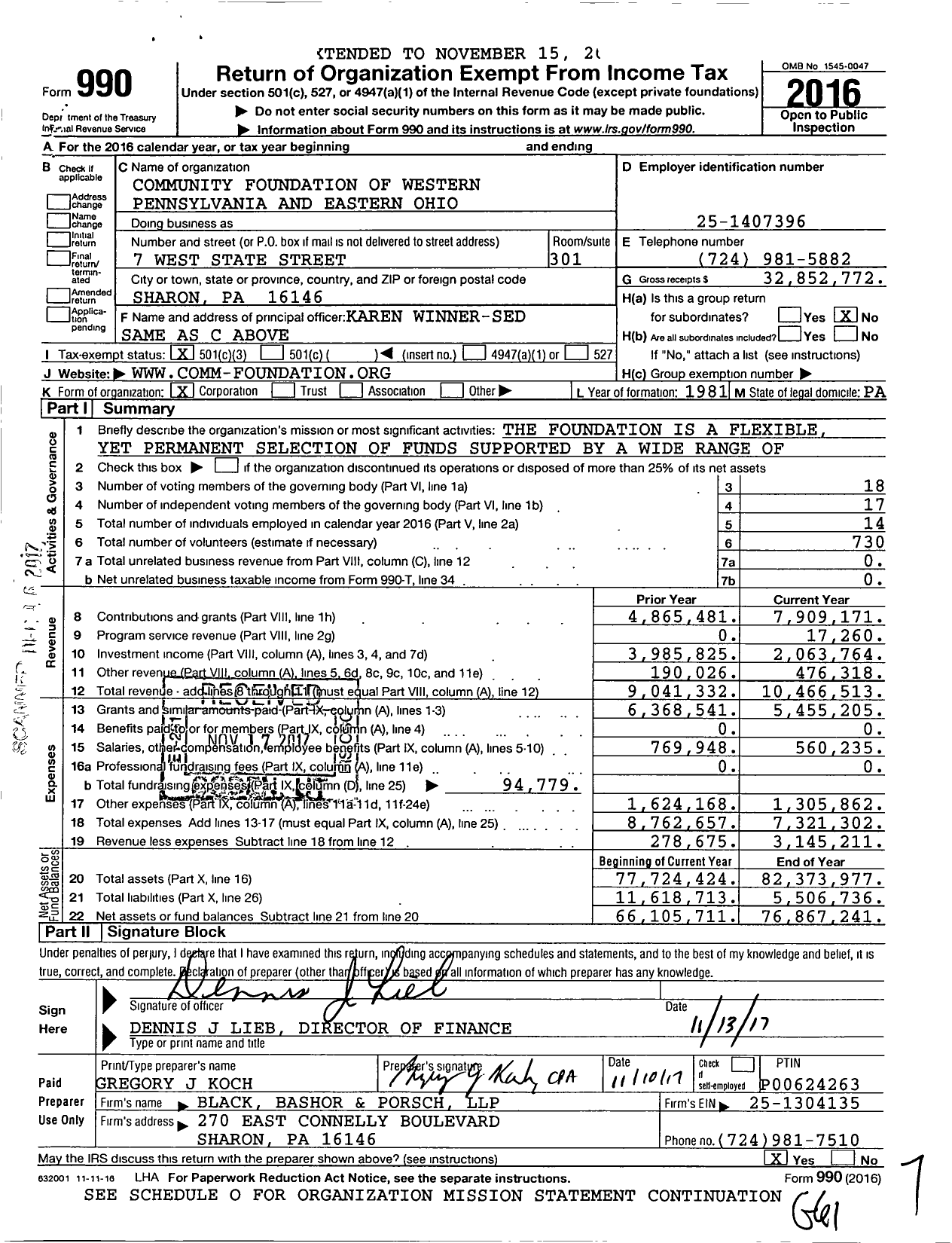 Image of first page of 2016 Form 990 for Community Foundation of Western Pennsylvania and Eastern Ohio
