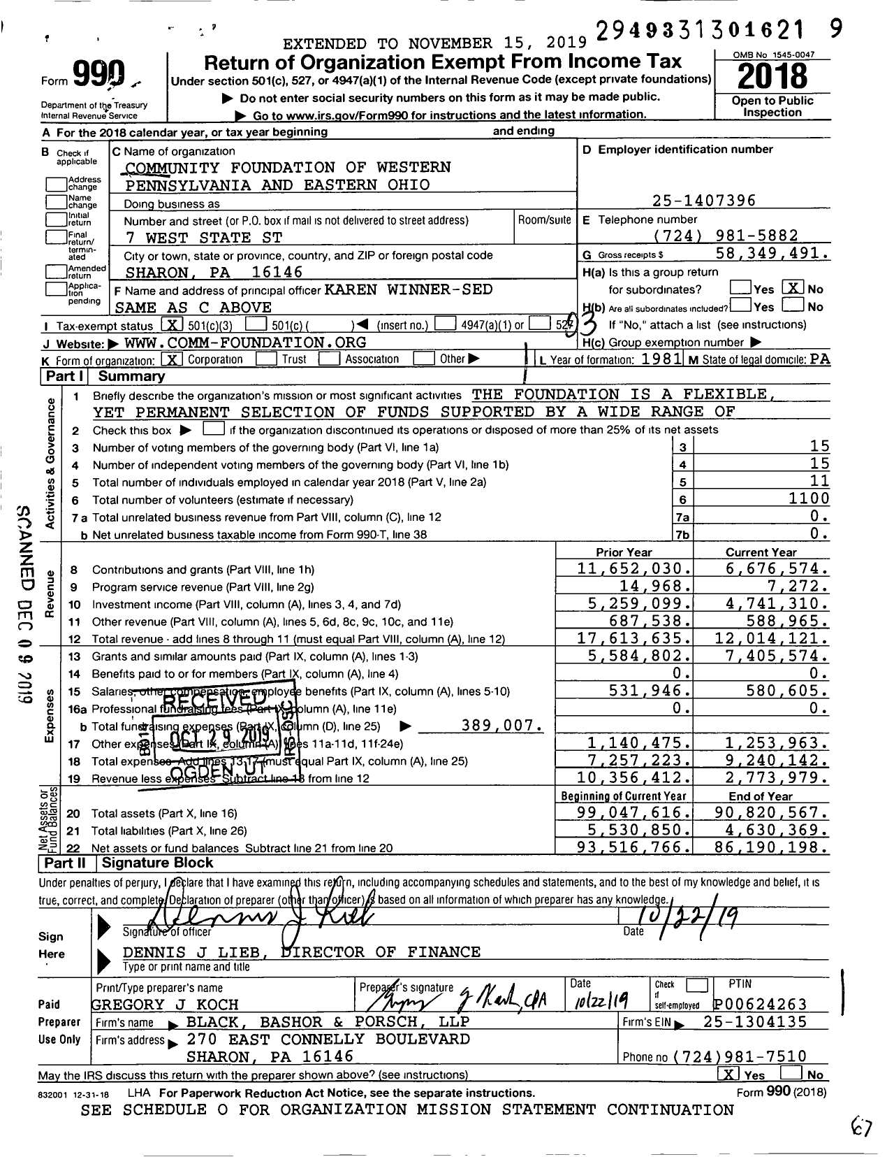Image of first page of 2018 Form 990 for Community Foundation of Western Pennsylvania and Eastern Ohio