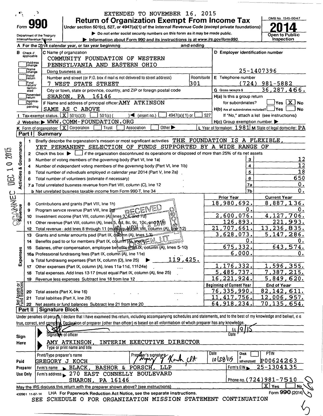 Image of first page of 2014 Form 990 for Community Foundation of Western Pennsylvania and Eastern Ohio