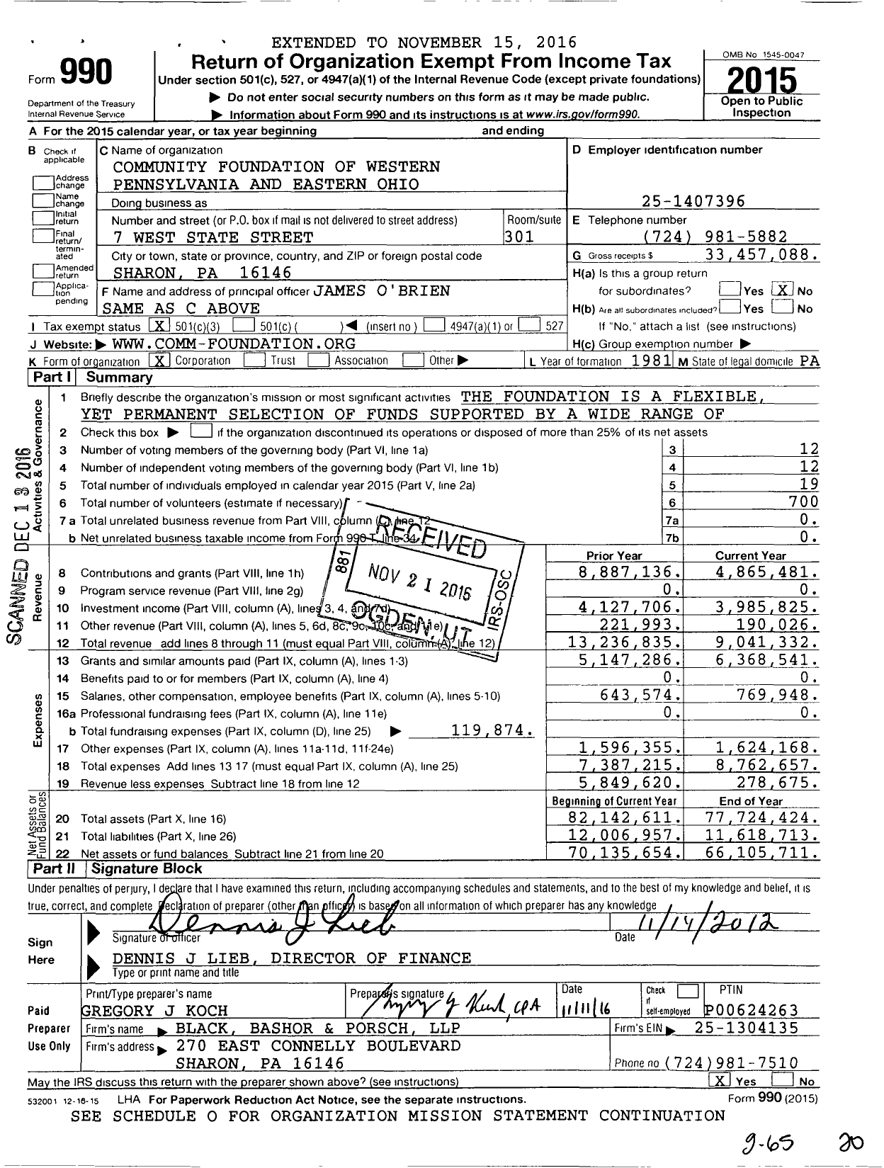 Image of first page of 2015 Form 990 for Community Foundation of Western Pennsylvania and Eastern Ohio