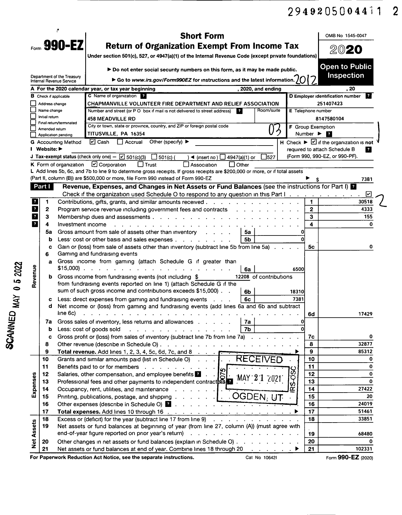 Image of first page of 2020 Form 990EZ for Chapmanville Volunteer Fire Dept and Relief Association