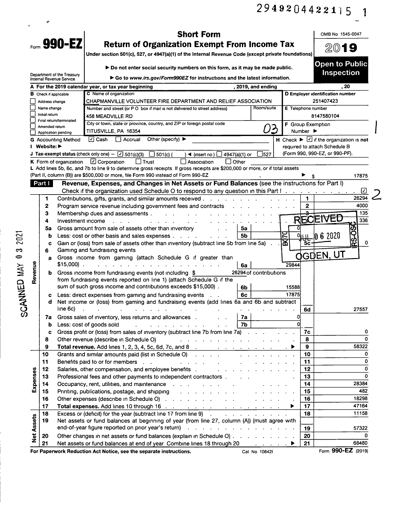 Image of first page of 2019 Form 990EZ for Chapmanville Volunteer Fire Dept and Relief Association