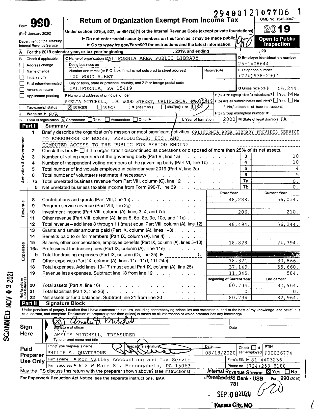 Image of first page of 2019 Form 990 for California Area Public Library