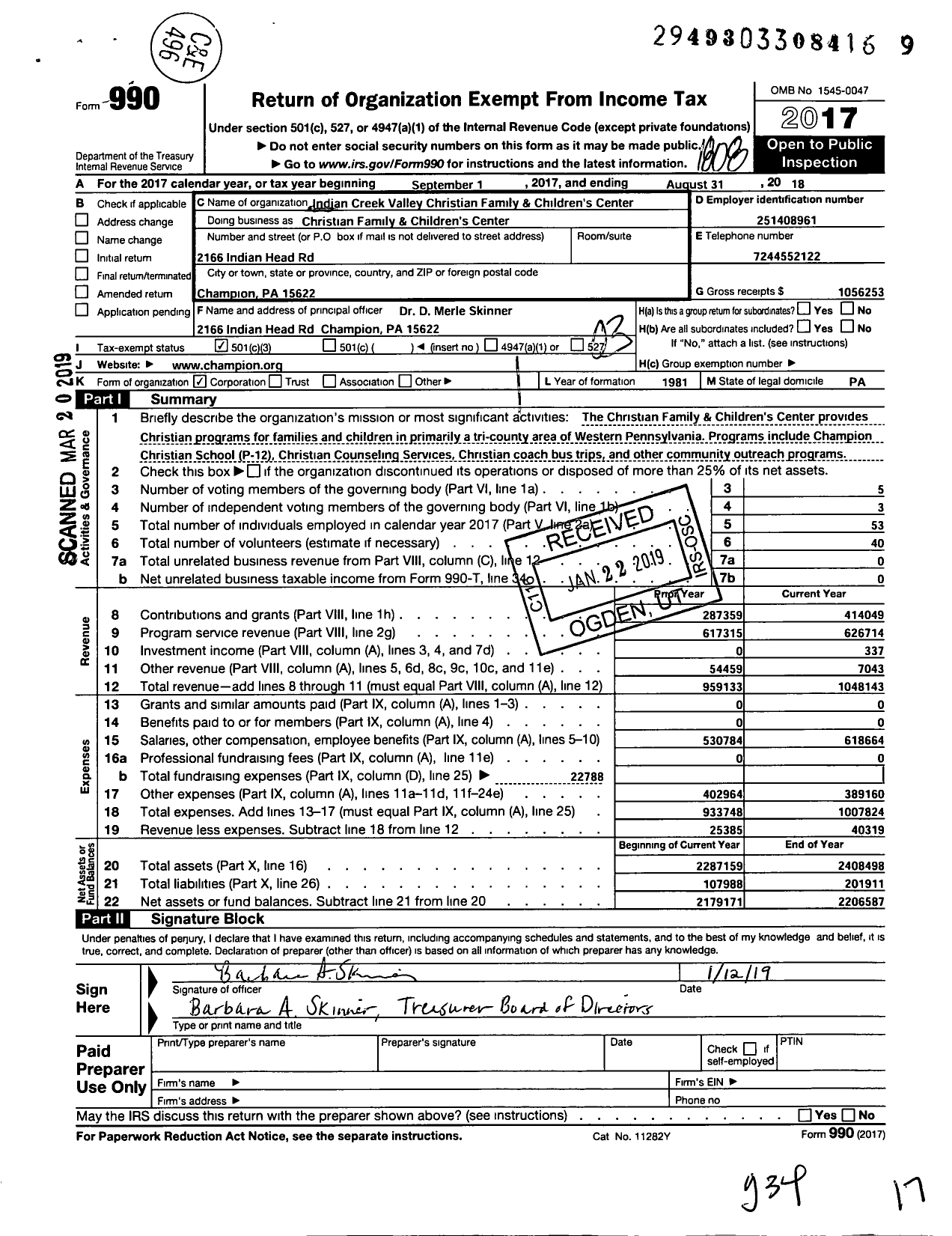 Image of first page of 2017 Form 990 for Indian Creek Valley Christian Family and Children's Center