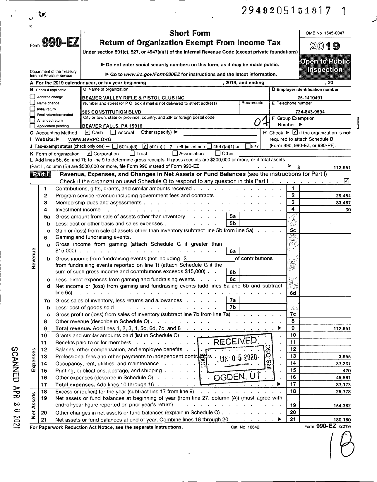 Image of first page of 2019 Form 990EO for Beaver Valley Rifle and Pistol Club