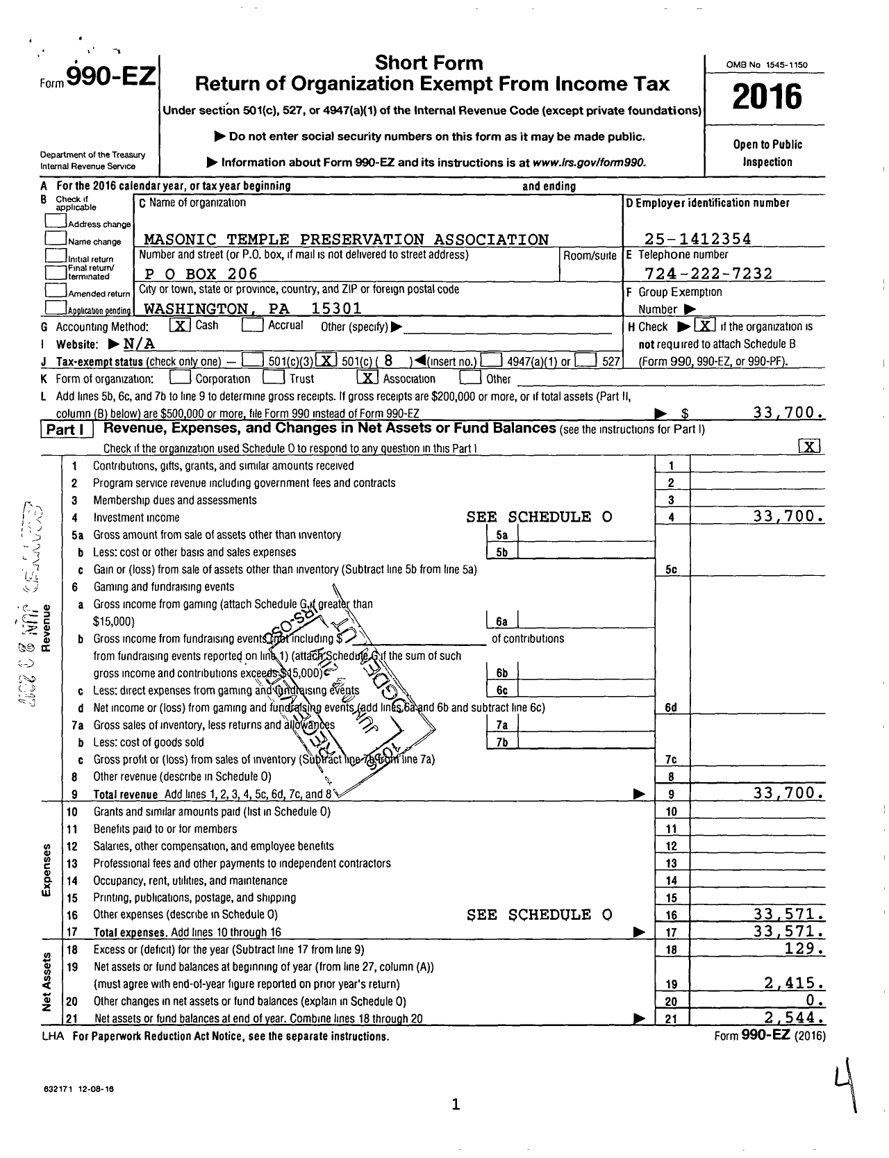 Image of first page of 2016 Form 990EO for Masonic Temple Preservation Association