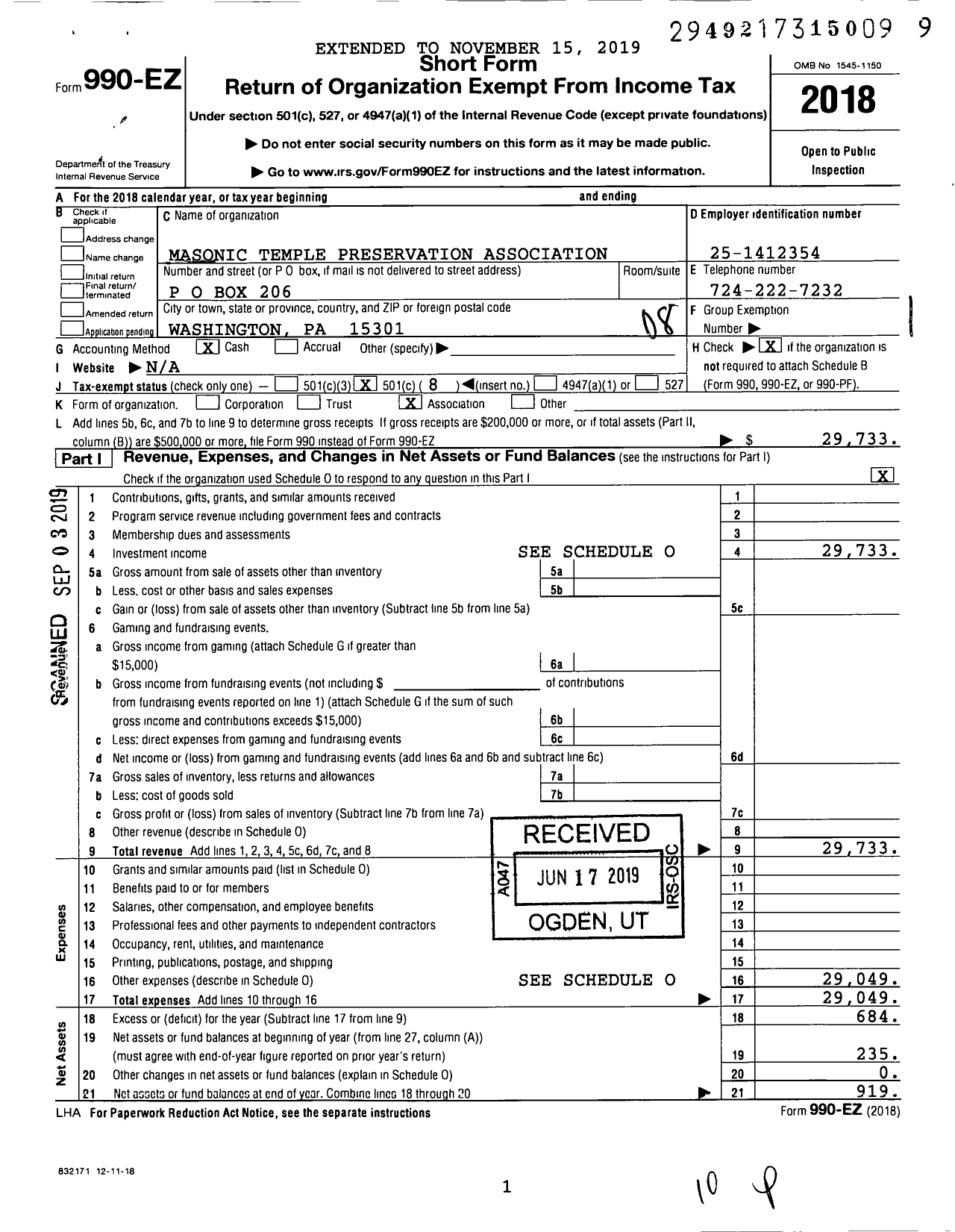 Image of first page of 2018 Form 990EO for Masonic Temple Preservation Association