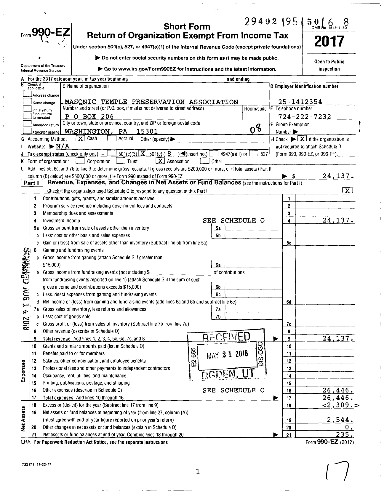 Image of first page of 2017 Form 990EO for Masonic Temple Preservation Association