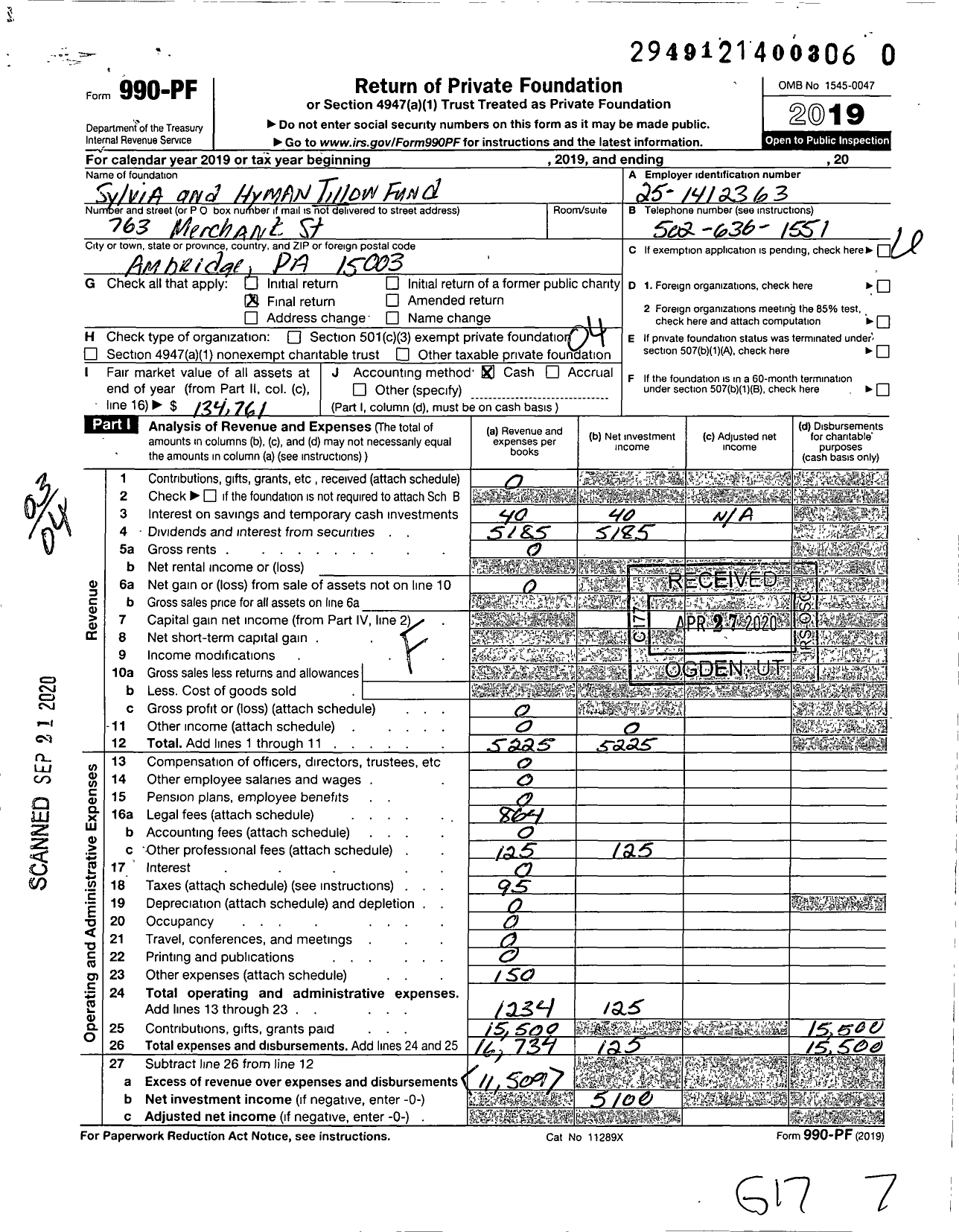 Image of first page of 2019 Form 990PR for Sylvia and Hyman Tillow Fund