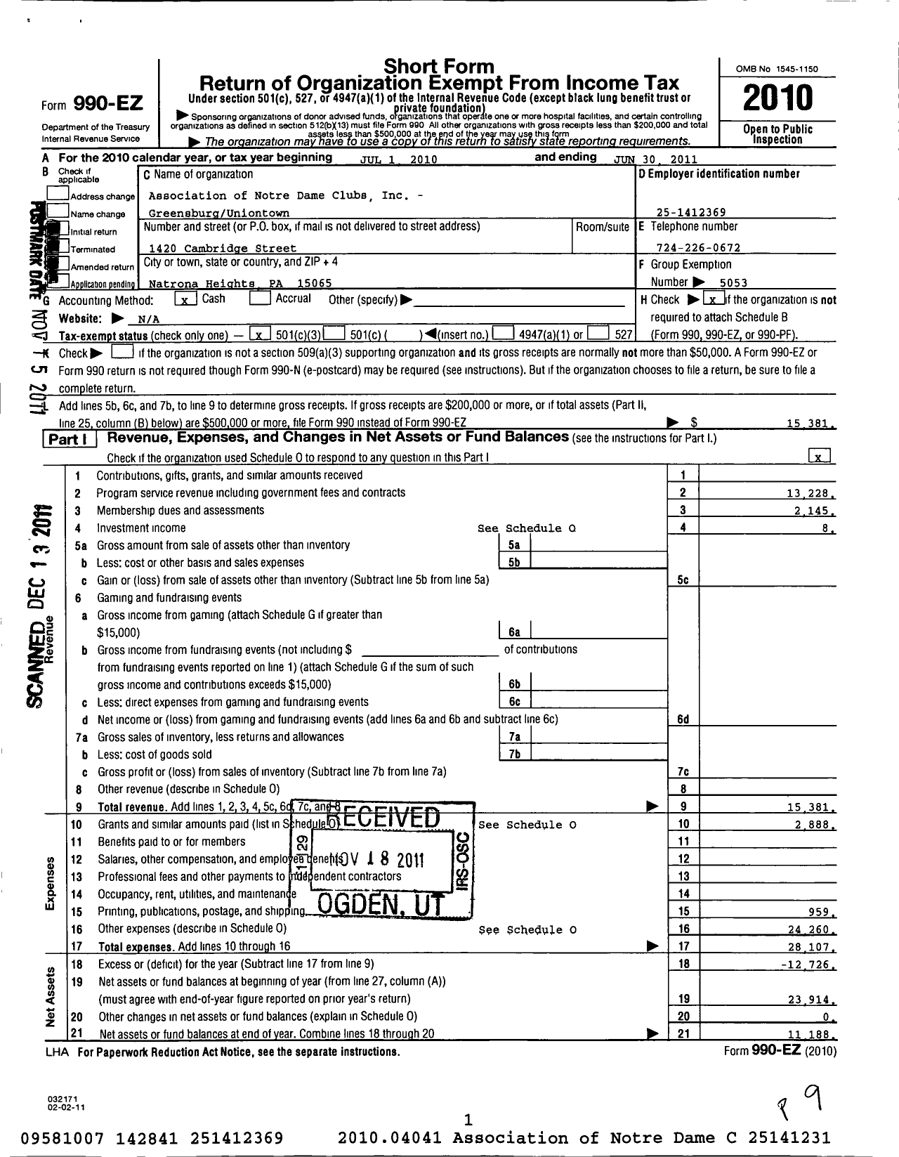 Image of first page of 2010 Form 990EZ for Association of Notre Dame Clubs Inc - Greensburg / Greensburg-Uniontown