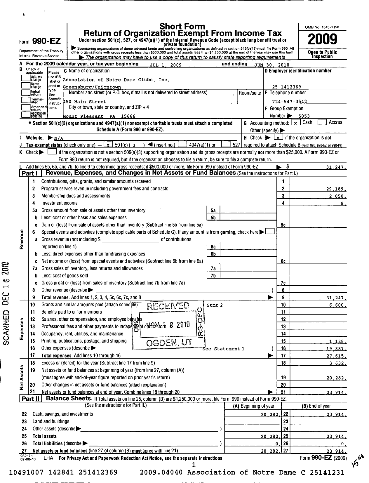 Image of first page of 2009 Form 990EZ for Association of Notre Dame Clubs Inc - Greensburg / Greensburg-Uniontown