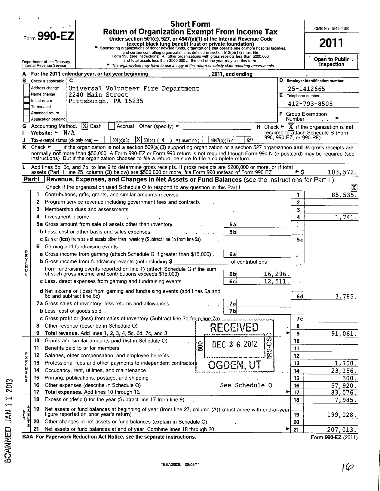 Image of first page of 2011 Form 990EO for Universal Volunteer Fire Department