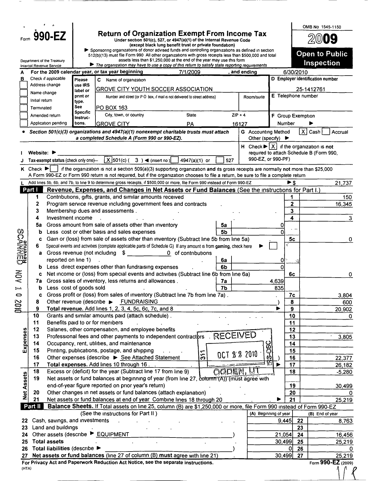 Image of first page of 2009 Form 990EZ for Grove City Area Youth Soccer Association