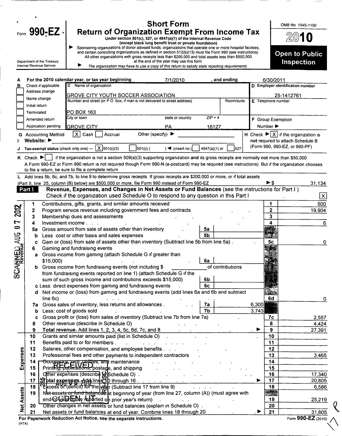 Image of first page of 2010 Form 990EZ for Grove City Area Youth Soccer Association