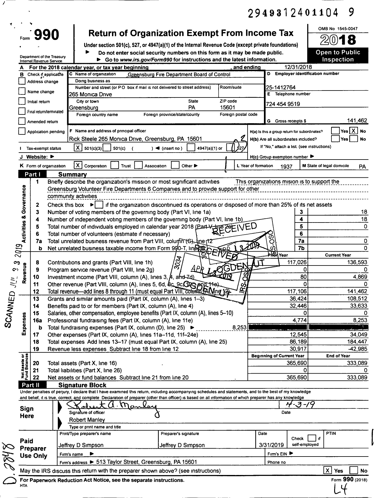 Image of first page of 2018 Form 990 for Greensburg Fire Dept Board of Control