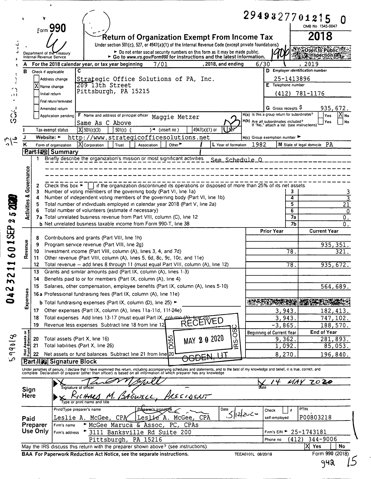 Image of first page of 2018 Form 990 for Strategic Office Solutions of PA