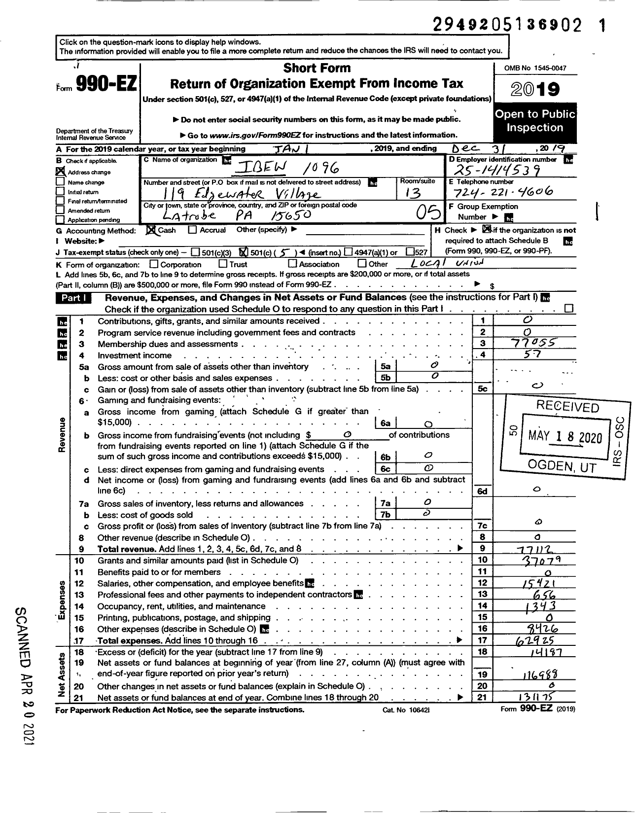 Image of first page of 2019 Form 990EO for International Brotherhood of Electrical Workers - 1096 Local Union