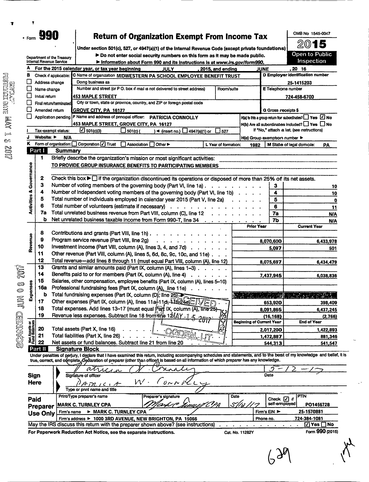 Image of first page of 2015 Form 990 for Midwestern Pa School Employee Benefit Trust