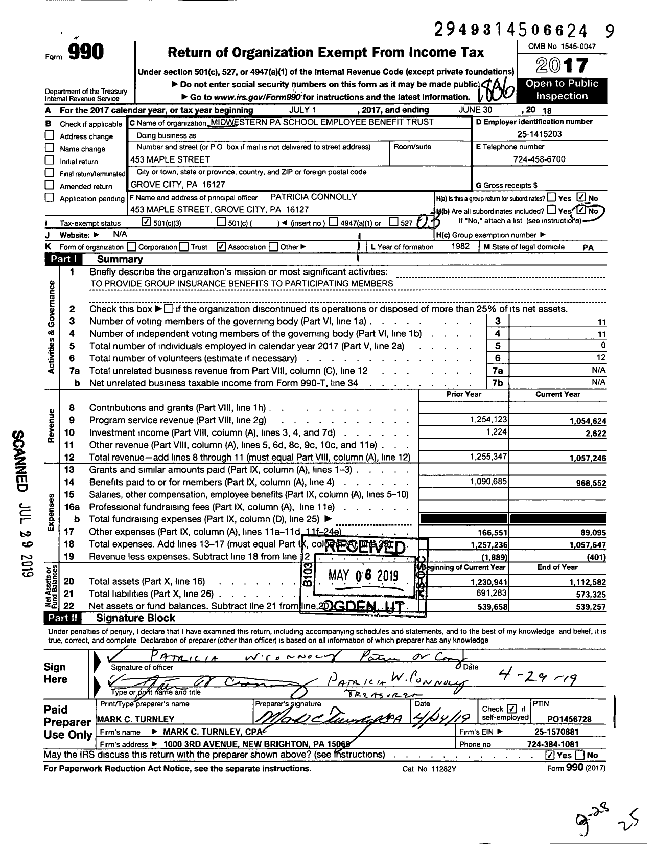 Image of first page of 2017 Form 990 for Midwestern Pa School Employee Benefit Trust