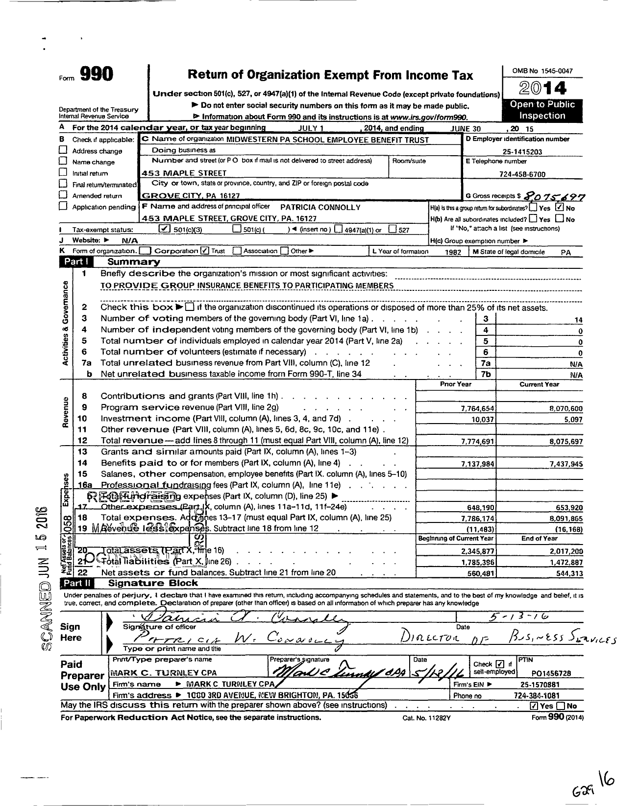 Image of first page of 2014 Form 990 for Midwestern Pa School Employee Benefit Trust