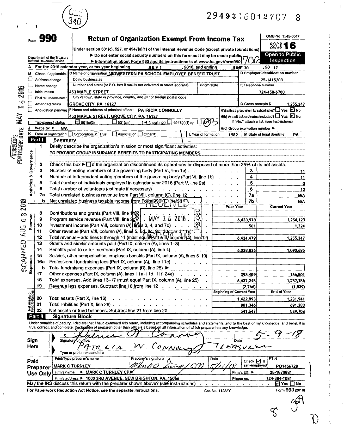 Image of first page of 2016 Form 990 for Midwestern Pa School Employee Benefit Trust