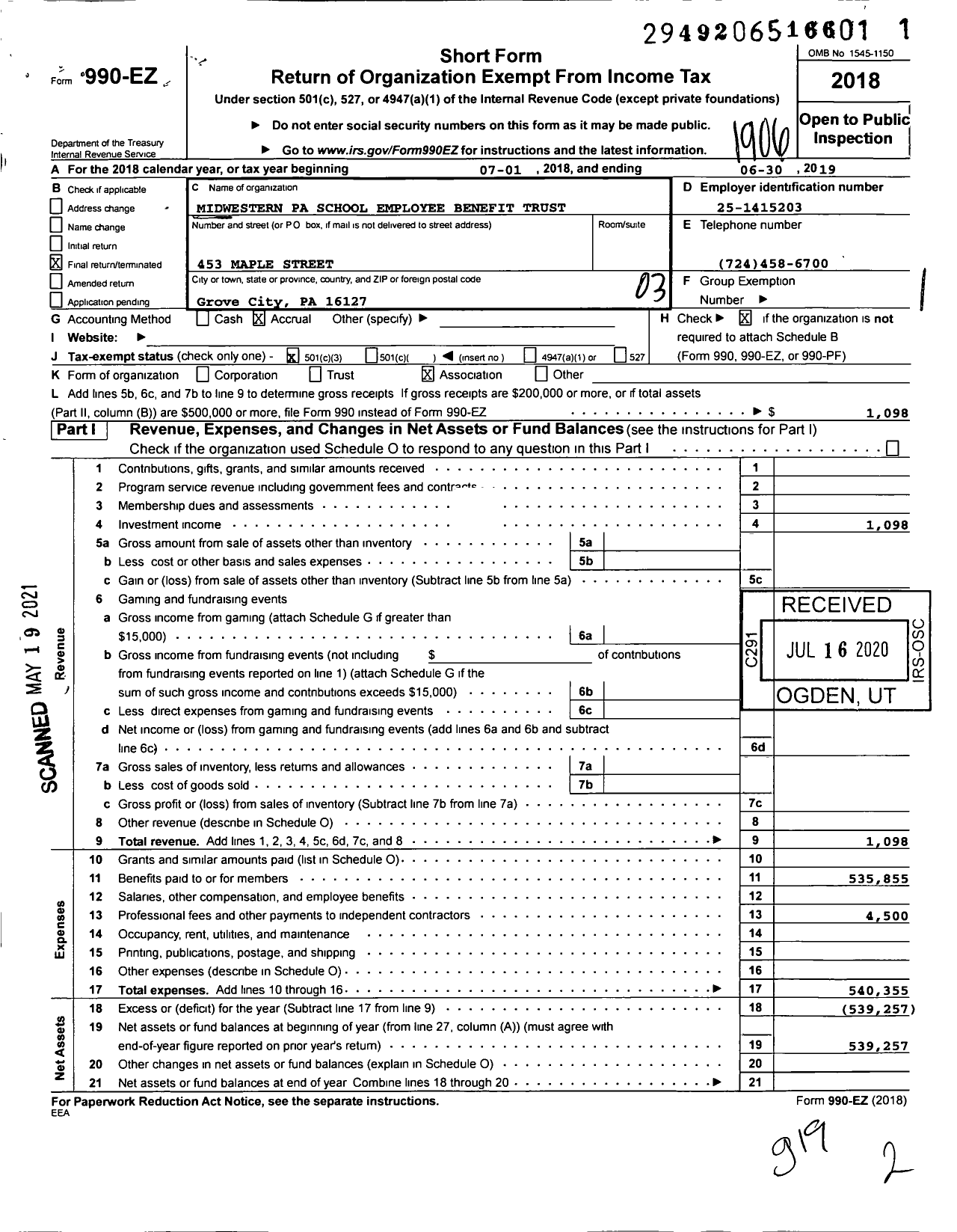 Image of first page of 2018 Form 990EZ for Midwestern Pa School Employee Benefit Trust