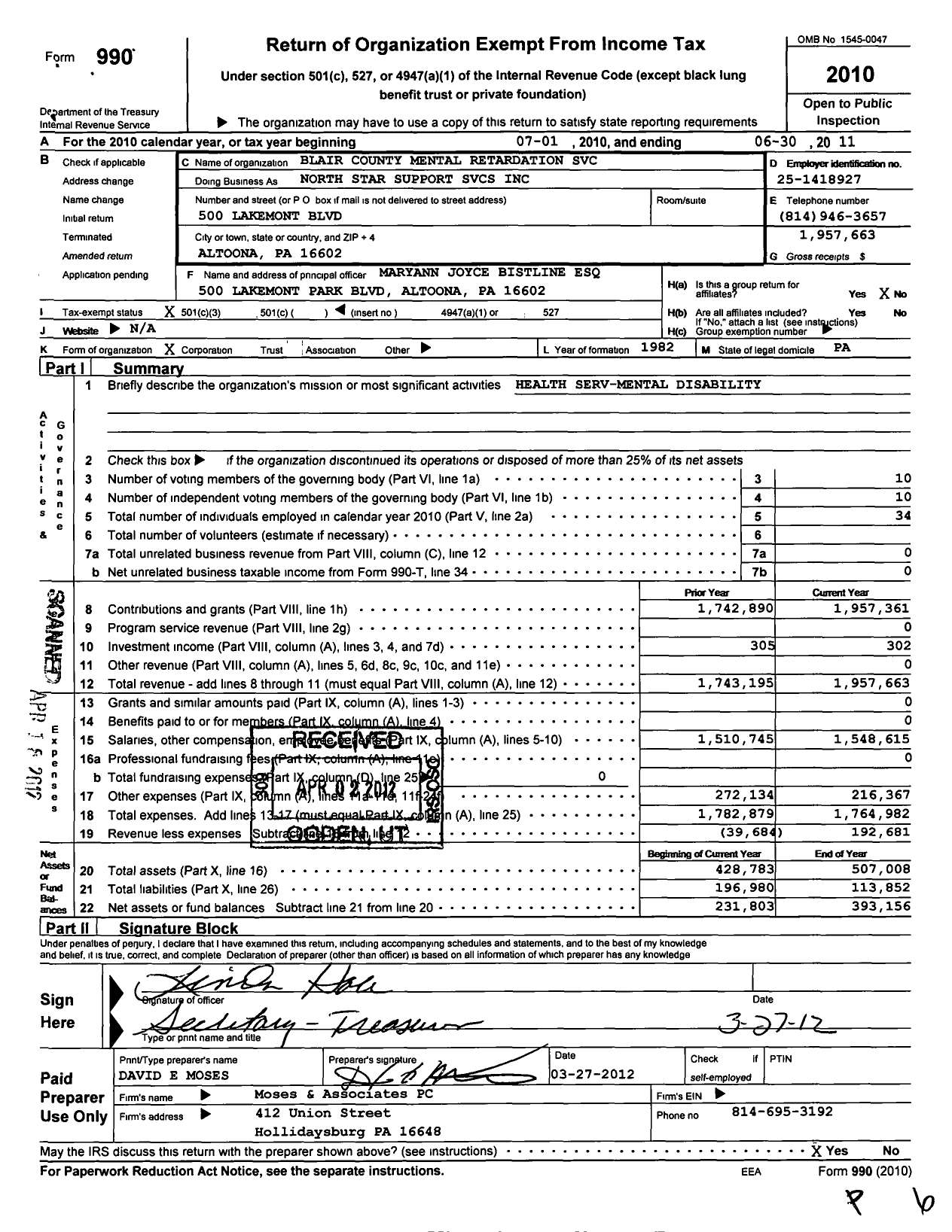Image of first page of 2010 Form 990 for North Star Services / North Star Support Services