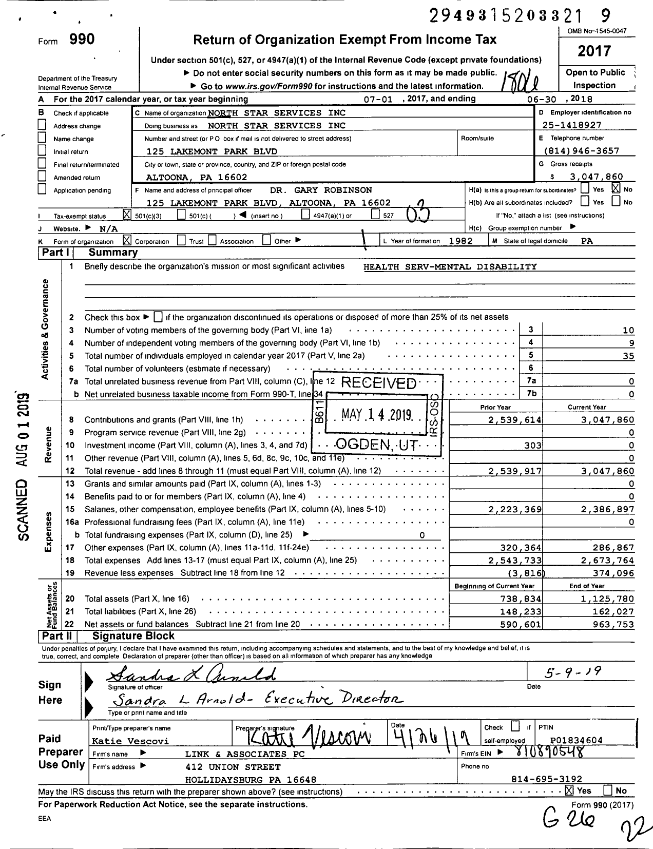 Image of first page of 2017 Form 990 for North Star Services / North Star Support Services