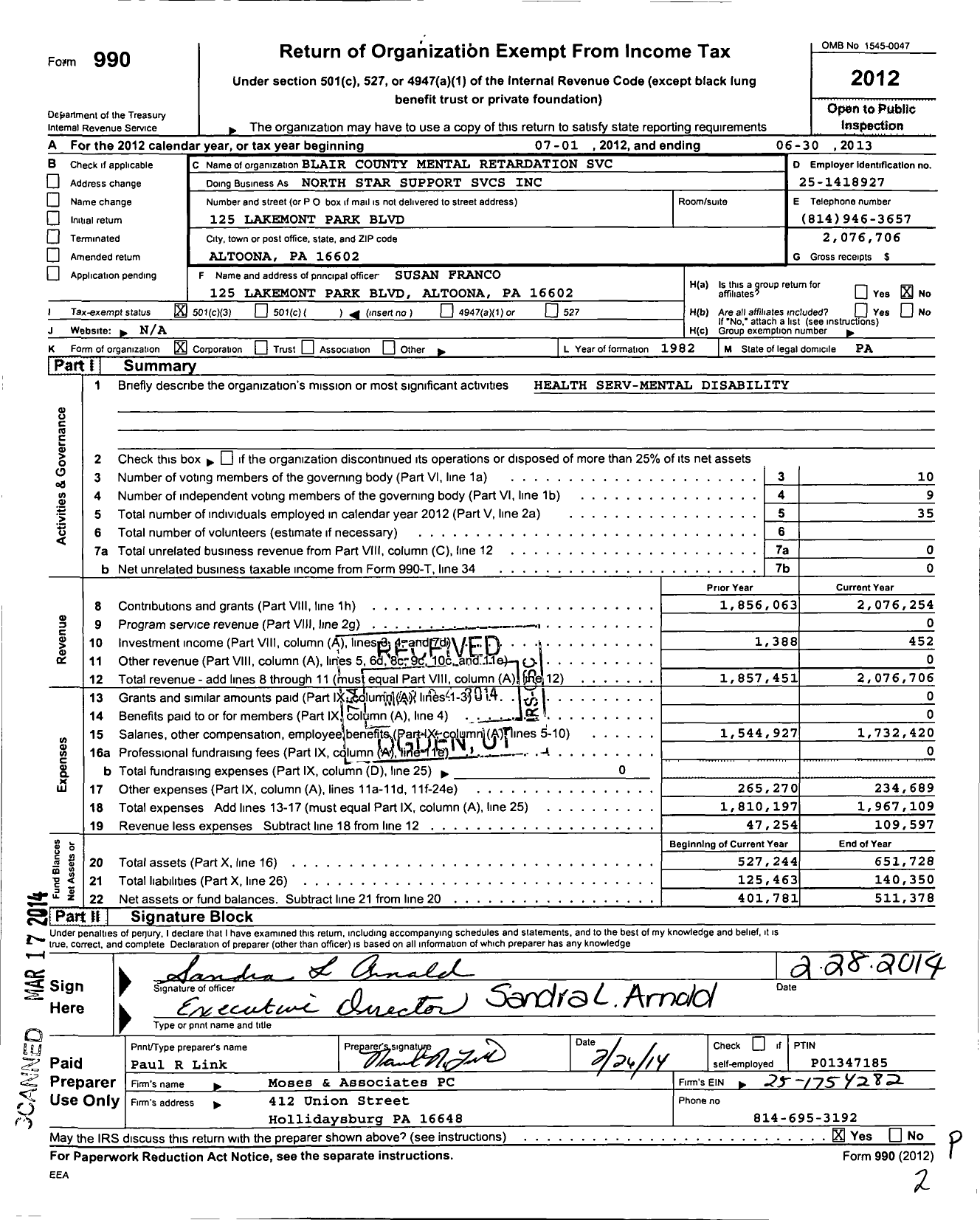 Image of first page of 2012 Form 990 for North Star Services / North Star Support Services