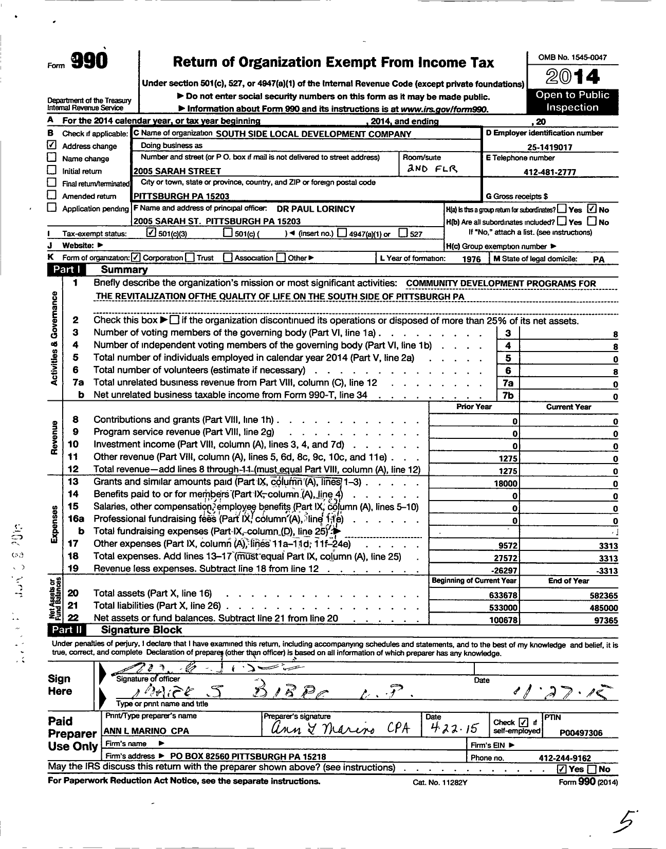 Image of first page of 2014 Form 990 for South Side Local Development