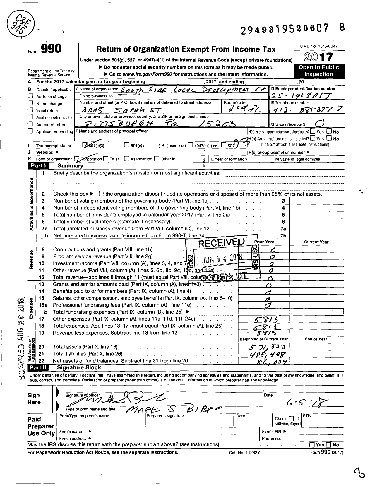 Image of first page of 2017 Form 990 for South Side Local Development