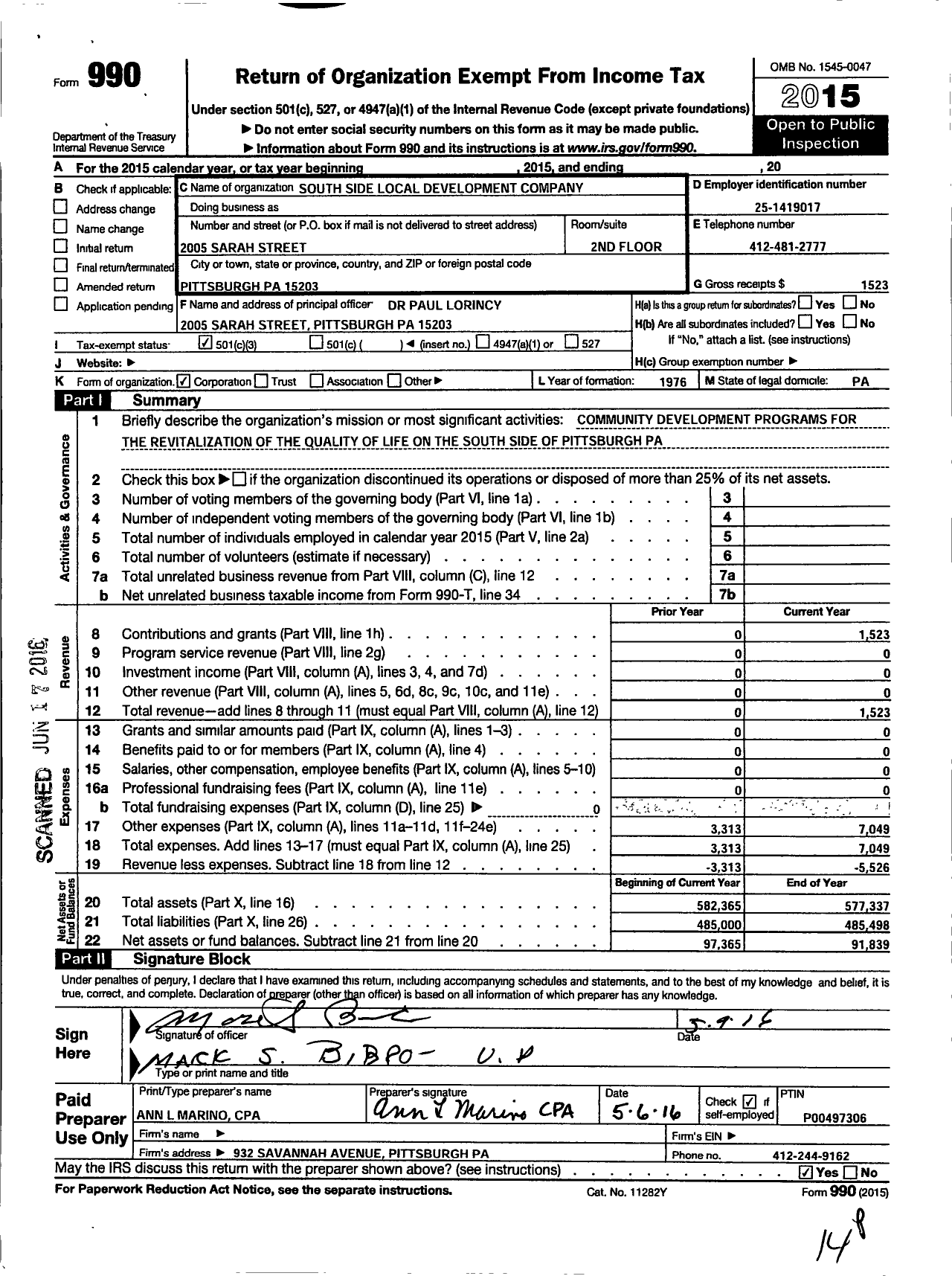 Image of first page of 2015 Form 990 for South Side Local Development