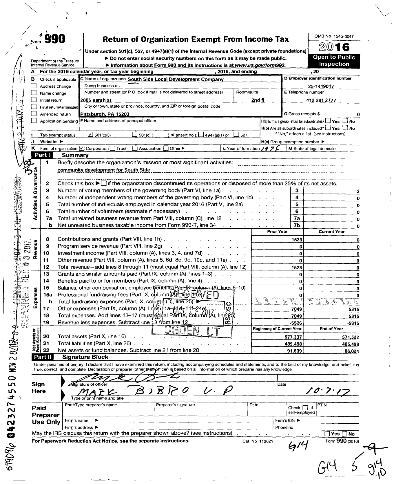 Image of first page of 2016 Form 990 for South Side Local Development