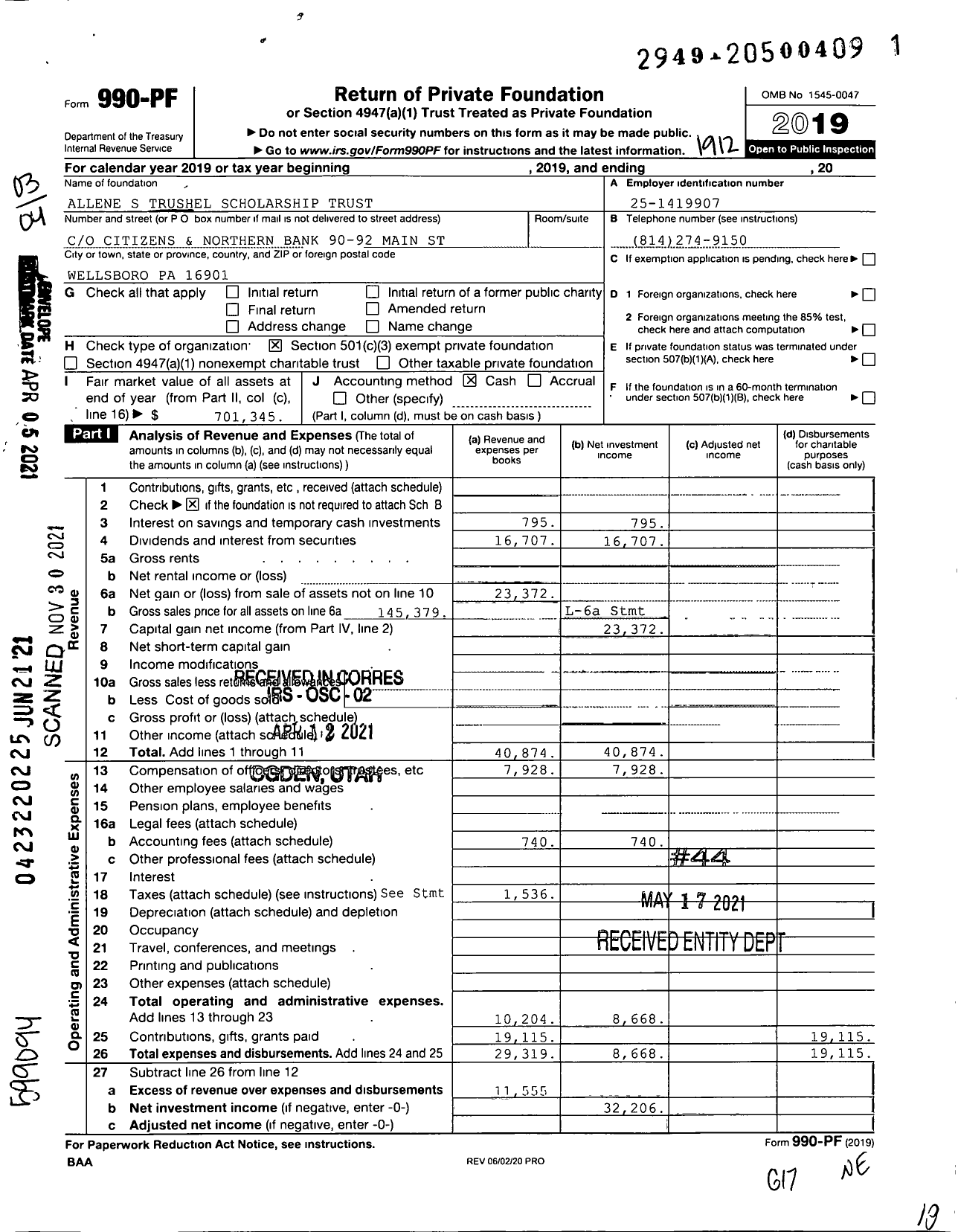 Image of first page of 2019 Form 990PF for Allene S Trushel Scholarship Trust