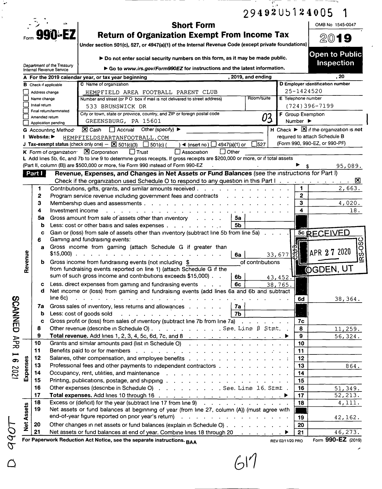 Image of first page of 2019 Form 990EZ for Hempfield Area Football Parents Club