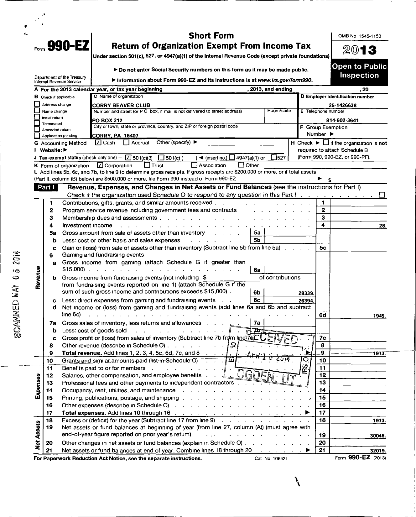 Image of first page of 2013 Form 990EZ for Corry Beaver Club