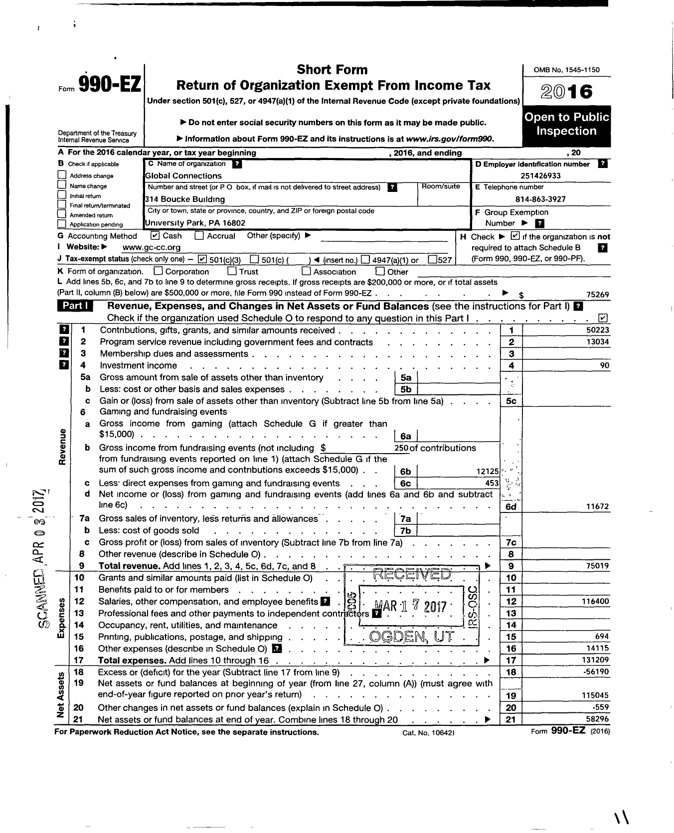 Image of first page of 2016 Form 990EZ for Global Connections