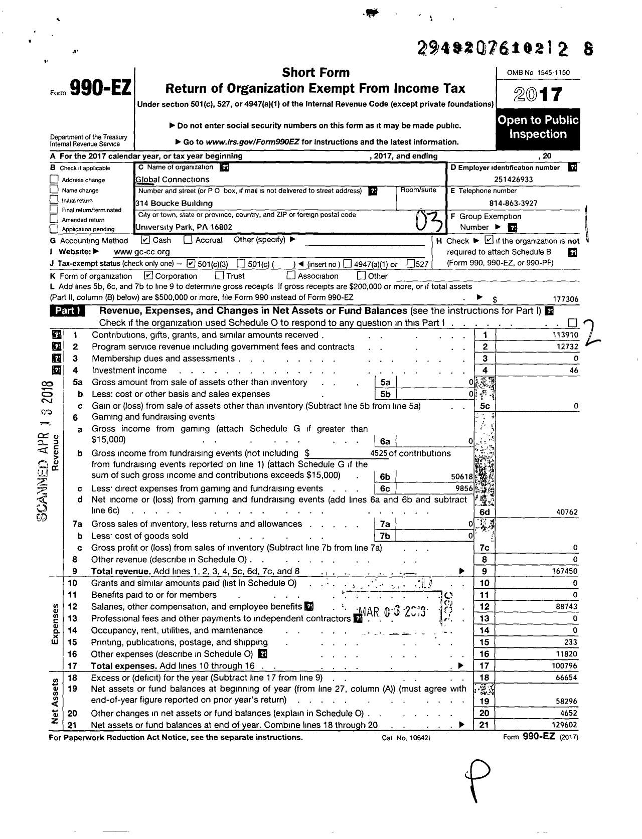 Image of first page of 2017 Form 990EZ for Global Connections