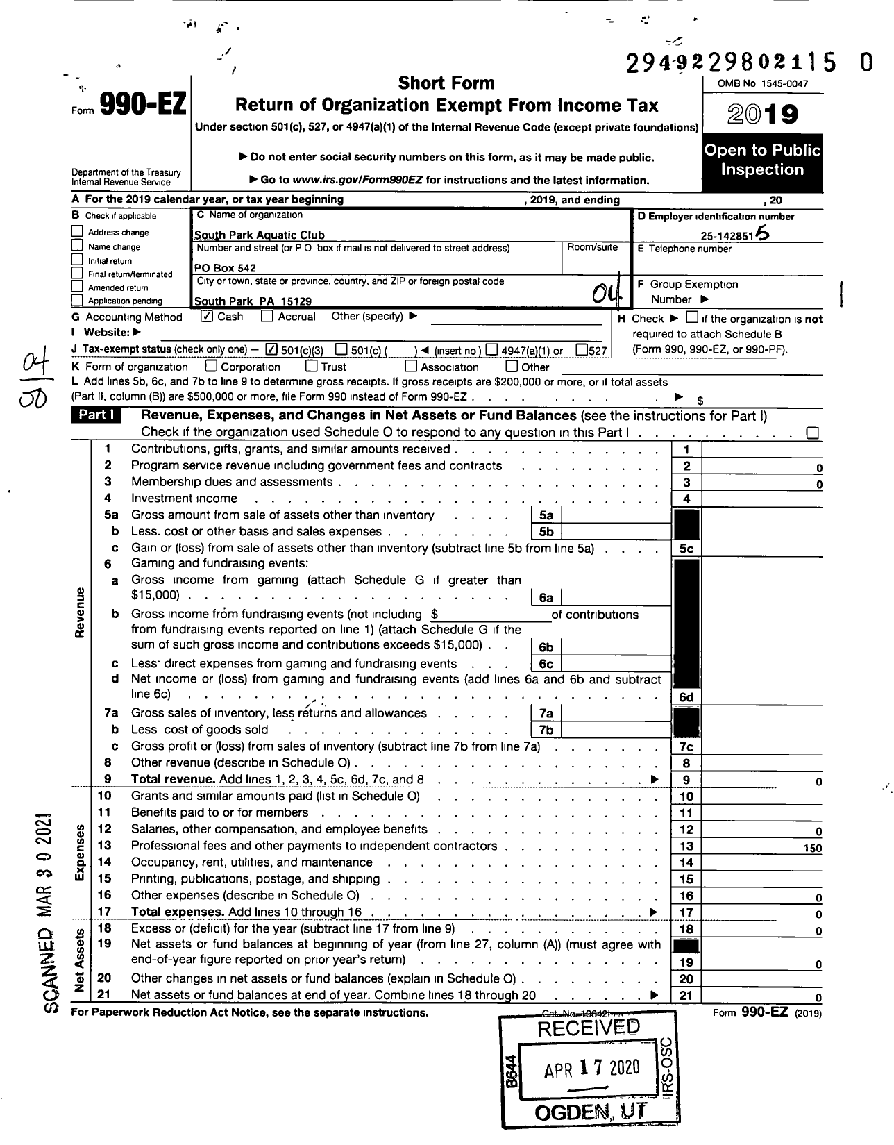 Image of first page of 2019 Form 990EO for South Park Aquatic Club