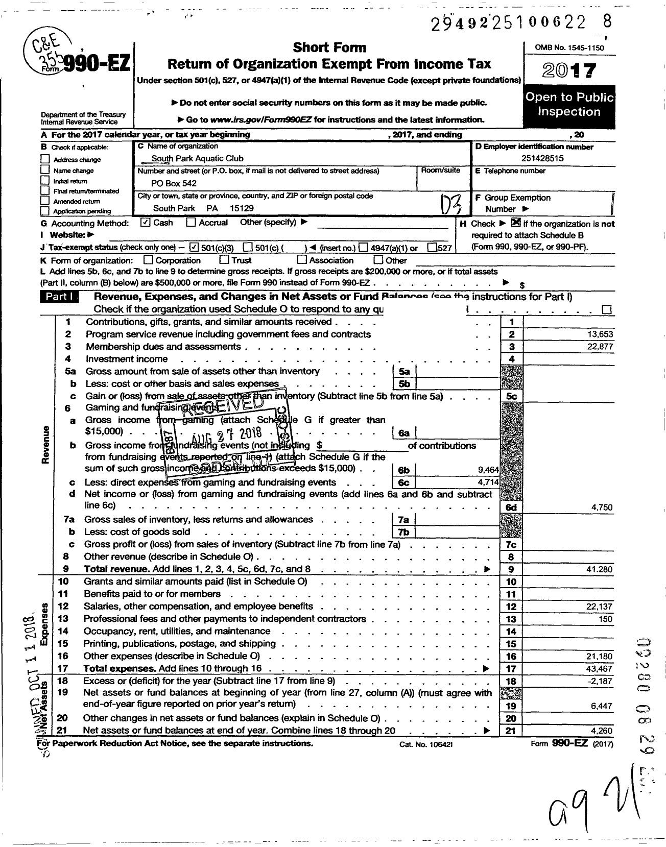 Image of first page of 2017 Form 990EZ for South Park Aquatic Club